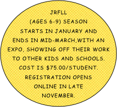 JrFLL (ages 6-9) Season starts in January and ends in Mid-march,with an Expo, showing off their work to other kids and schools.                                  Cost is $75.00/student.            Registration opens online in late November.